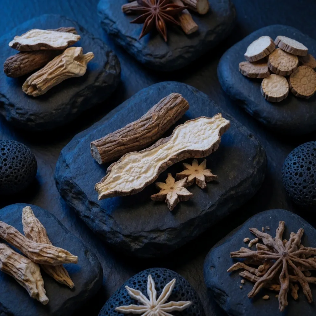 Dried ginger root on dark slate