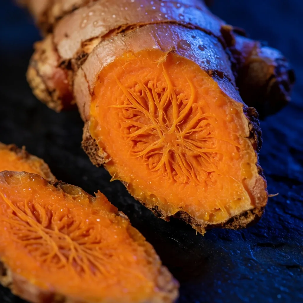 Fresh Indonesian turmeric root photographed in macro detail