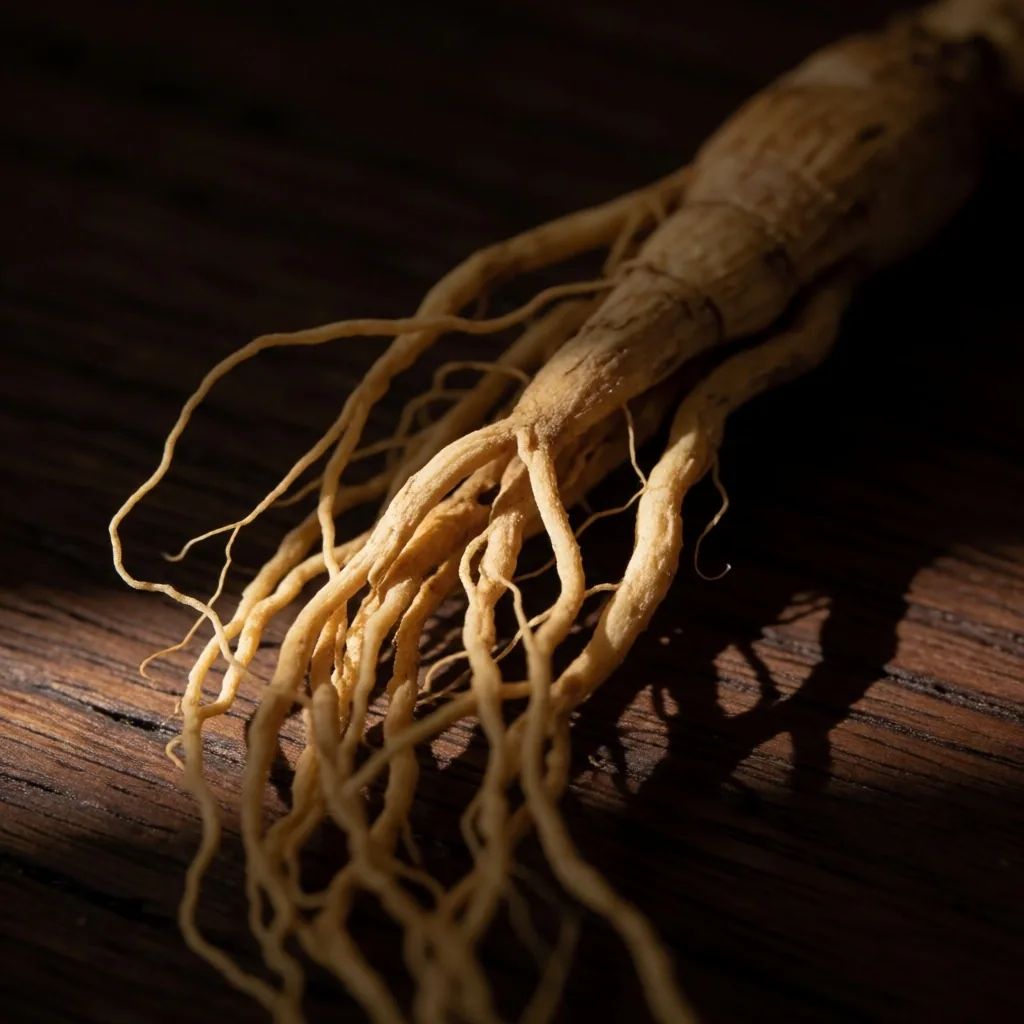 Fresh ginseng root on dark teak wood under indigo light
