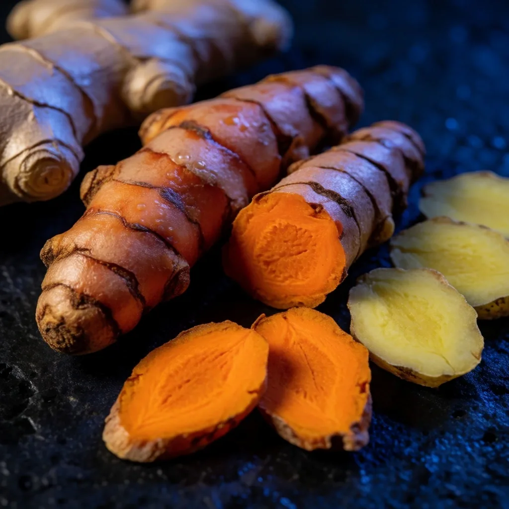 Fresh turmeric and ginger on volcanic stone