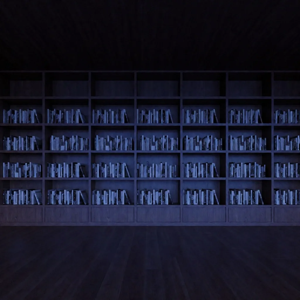 Modern library interior at night with indigo lighting