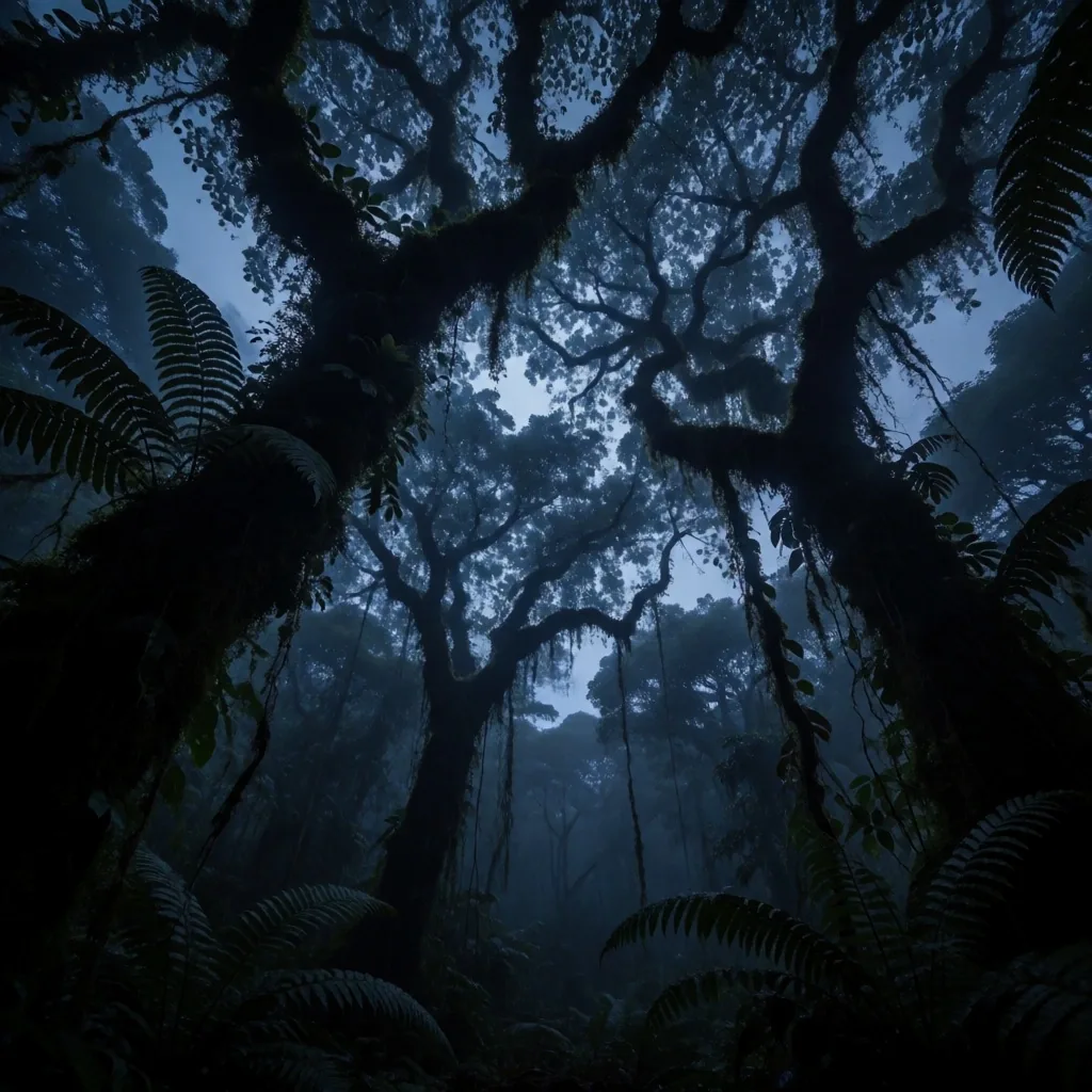 Balinese rainforest canopy at dusk