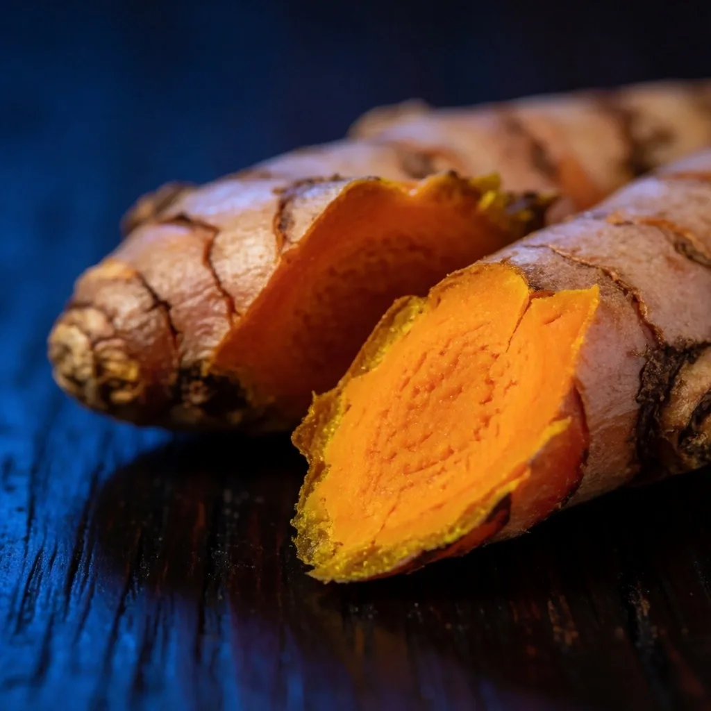 Turmeric root macro study on dark teak surface