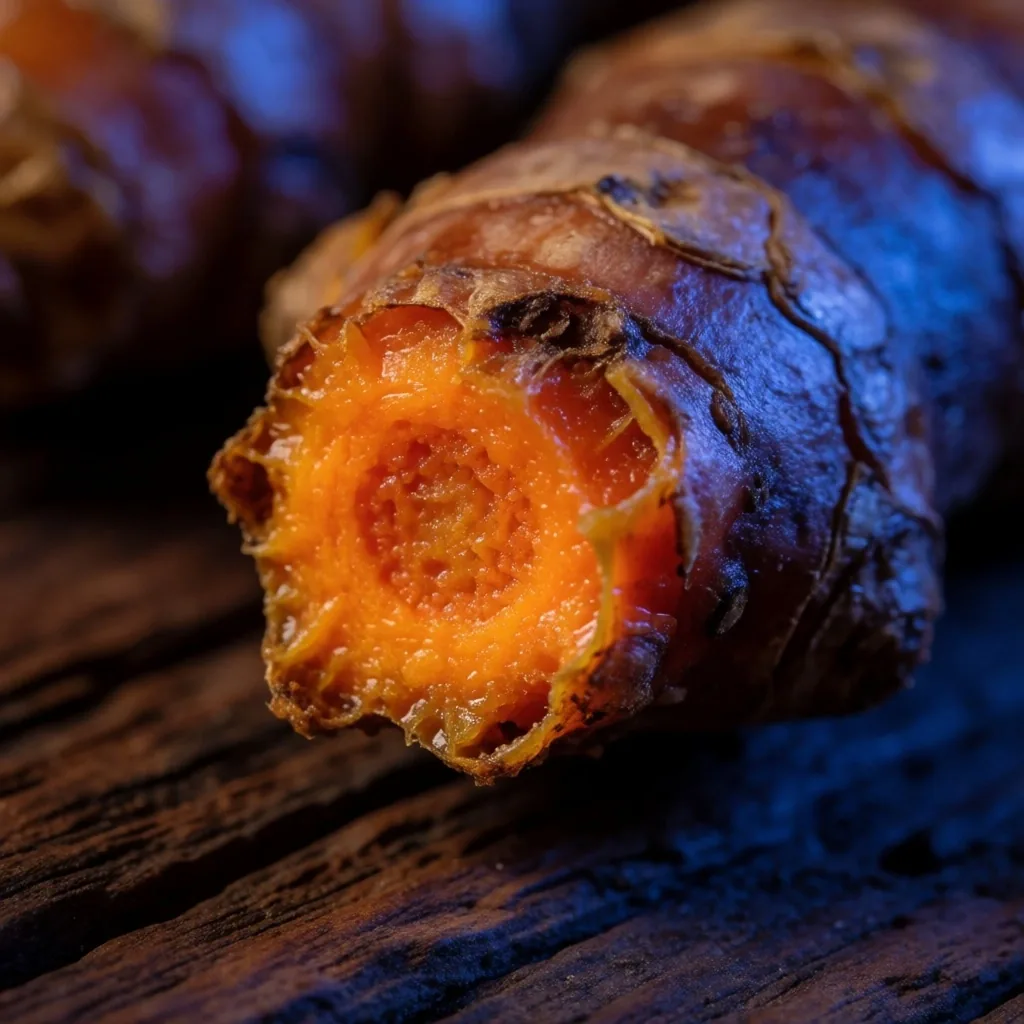 Indonesian turmeric and ginger roots on dark teak