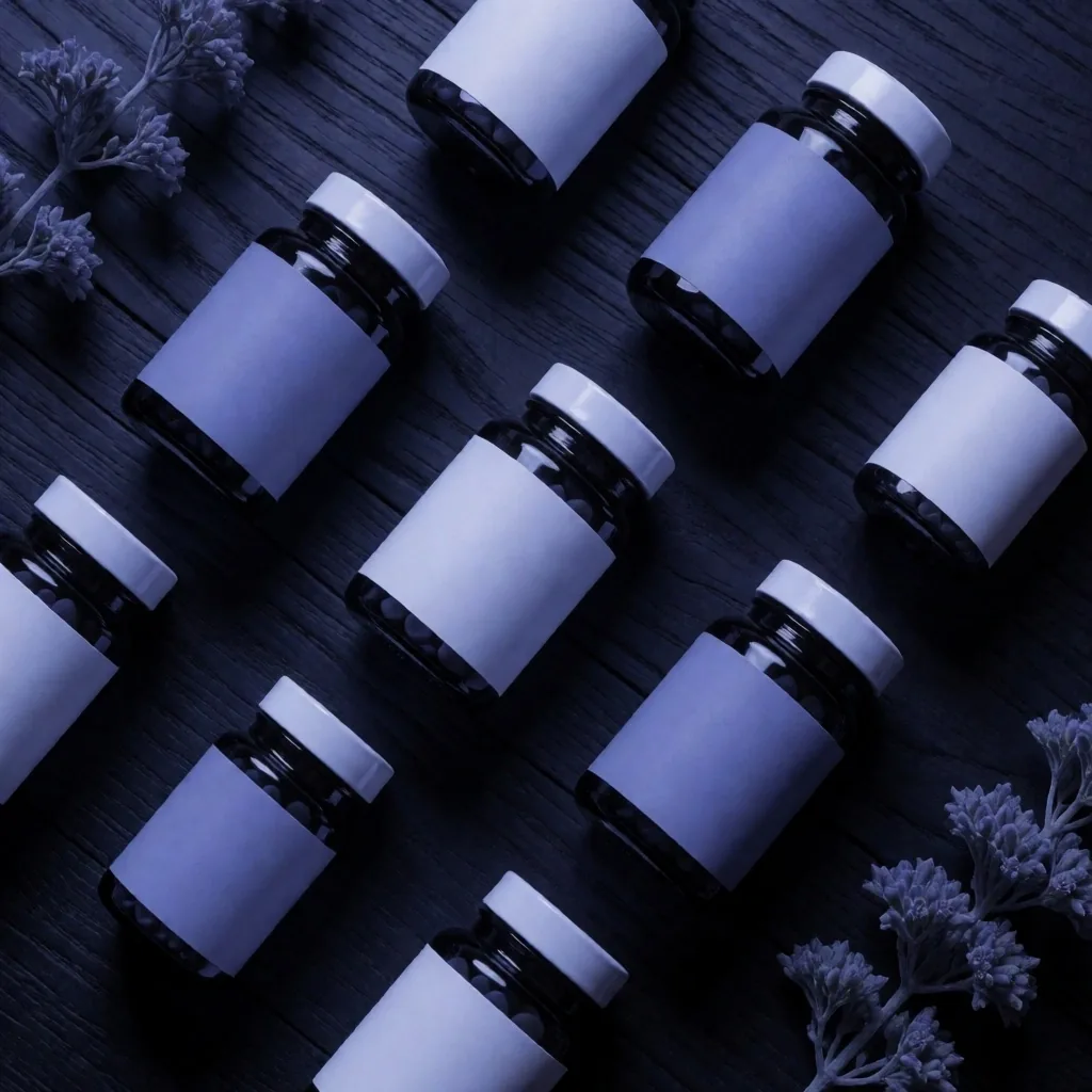 Vitamin formula containers arranged on dark teak