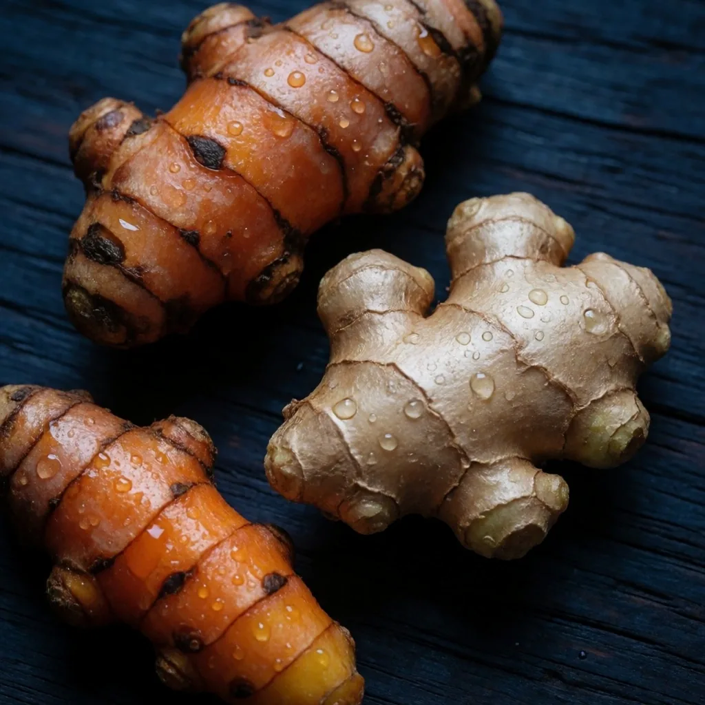 Fresh turmeric and ginger roots on dark wood surface
