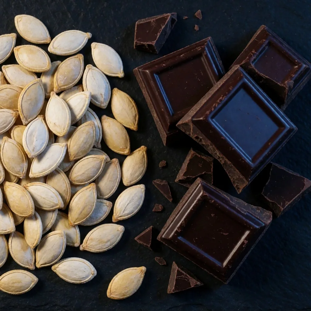Pumpkin seeds and dark chocolate on black slate